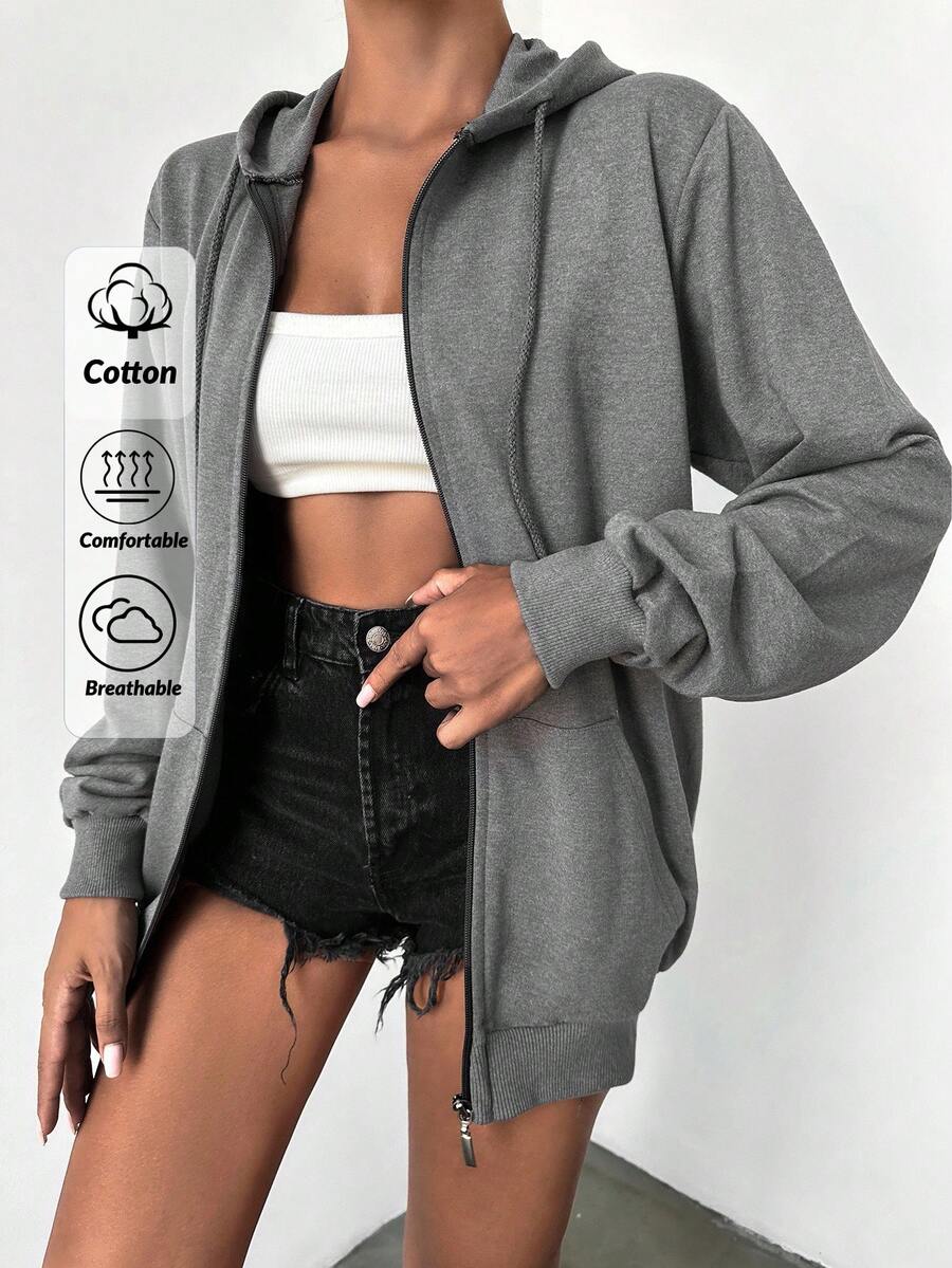 EURMUSE 100%Cotton Casual Long Sleeves Zip Up Drawstring Hoodie - Grey - View 1