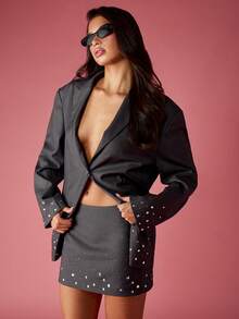 MISSGUIDED Chân váy ngắn đính đá lấp lánh, phong cách dạ hội sang trọng, thích hợp cho kỳ nghỉ mùa đông, điểm nhấn thời trang kim loại. - Xám - Xem 3