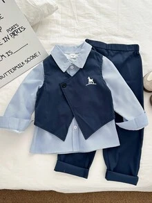 Genkimix Kids 3件套小男孩动物印花无袖背心+宽松条纹衬衫+裤子套装 - 藍色 - 查看 1