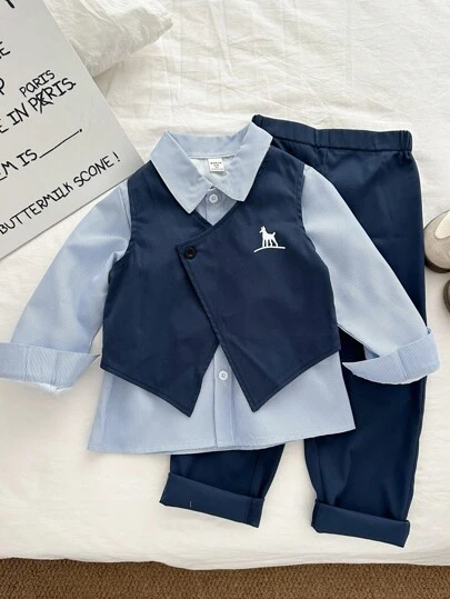 Genkimix Kids 3件套小男孩动物印花无袖背心+宽松条纹衬衫+裤子套装