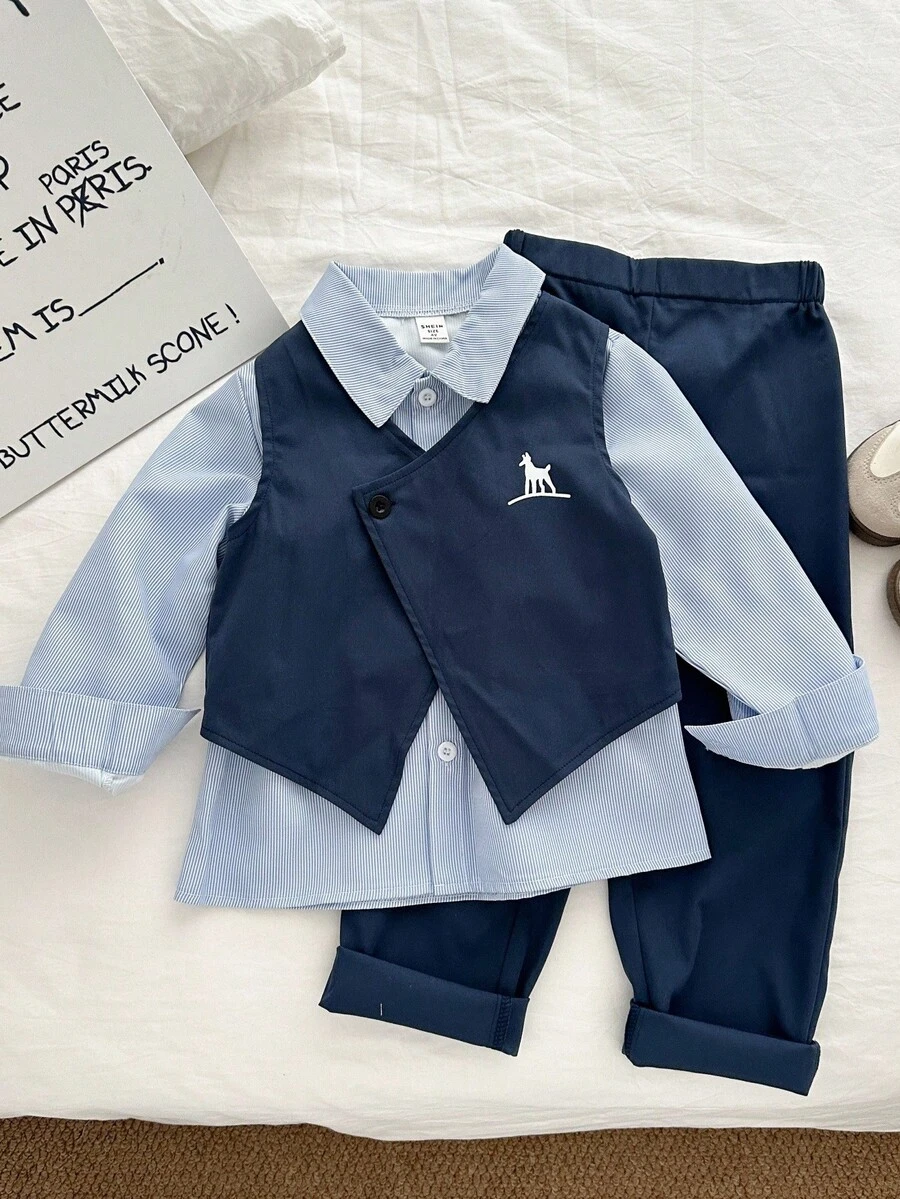 Genkimix Kids 3件套小男孩动物印花无袖背心+宽松条纹衬衫+裤子套装 - 藍色 - 查看 1