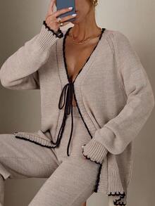 EURMUSE Relaxed Fit Knit Sweater With Tie Front And Black Contrast Trim Matched With Cozy Knit Pants,Loungewear Set,Winter Clothes Women,Two Piece Set Women,Winter Clothes,Autumn Outfits Women,2 Piece Set Women - Mocha Brown - View 3