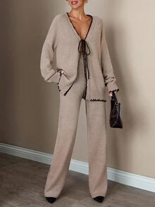 EURMUSE Relaxed Fit Knit Sweater With Tie Front And Black Contrast Trim Matched With Cozy Knit Pants,Loungewear Set,Winter Clothes Women,Two Piece Set Women,Winter Clothes,Autumn Outfits Women,2 Piece Set Women - Mocha Brown - View 6