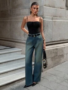 EURMUSE Calça jeans vintage lavada, cintura alta, perna reta, estilo viajante - Lavagem Média - Ver 5