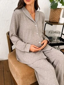 SHEIN Moonlight & Mama Women Contrast Trim Collar Long Sleeve Top & Pants Loose Maternity Pajama Set, Fall Winter Clothes