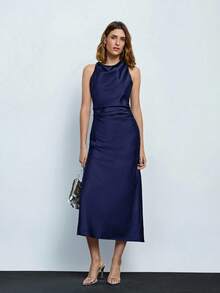 Maija 女士优雅无袖长款荷叶边领褶皱连衣裙，商务休闲，秋季 - 藍色 - 查看 6