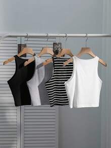 SHEIN EZwear 4件套女士休闲黑白条纹性感修身吊带背心，夏季 - 彩色 - 查看 2