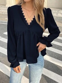 Serisse Áo cánh thường ngày cổ chữ V dài tay màu trơn cho nữ - Màu xanh hải quân - Xem 4