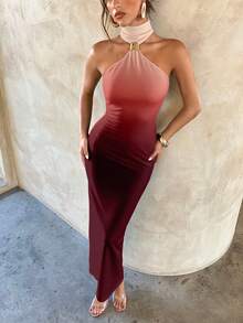 Aloruh Women's Elegant Sexy Metal Buckle Decor Hollow Out Bodycon Black Knit Stretch Maxi Dress, Ombre Angola Red Print, Graceful,Party Dress Chic Dress,Wedding Guest Dress,Prom Dress,Fall Wedding Guest Dress