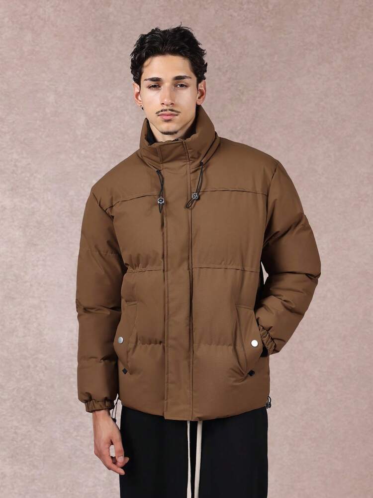 Quilted Puffer Jacket With Stand Collar And Drawstring