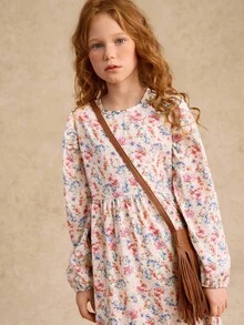 Girls' Round Neck Long Sleeve Patchwork Hem Vacation Dress - Multicolor - View 4