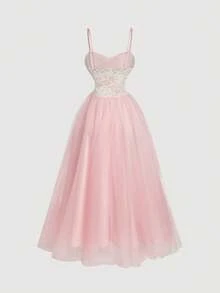 SHEIN MOD Váy dài ren hoa 3D màu hồng lãng mạn mơ mộng - Chân váy bồng bềnh bằng vải tuyn có phần eo thắt eo, phong cách ba lê, thiết kế tuyệt đẹp, hoàn hảo cho các buổi dạ hội, hẹn hò, tiệc tùng, ngày lễ, tiệc trà và sinh nhật - Hồng - Xem 2