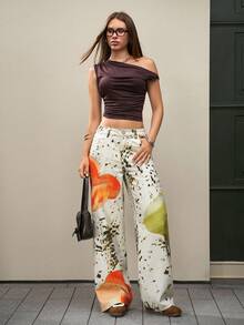 SHEIN EZwear 女士休闲印花低腰直筒牛仔裤，适合音乐节 - 卡其色 - 查看 6