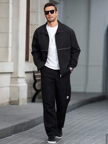 Manfinity Homme Men's Zip Front Loose Casual Jacket, Men Zip Up Jacket, Reflective Jacket, Men Jackets Streetwear - Black - View 2