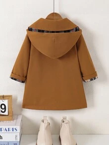 Shein Playful Pals Baby Boy Diagonal Hooded Sweatshirt, Children's Autumn/Winter Trench Coat, Children's Fashionable Brown Jacket