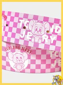 TOM & JERRY X SHEIN 1pc Women's Cartoon & Checkerboard Pattern Buckle Fashionable Denim Belt - Pink - View 2