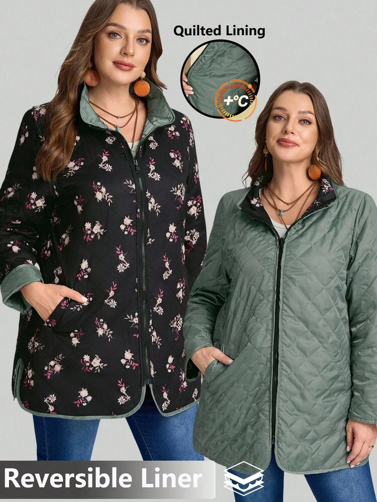 Plus Size Women's Casual Thin Padded Coat With Zipper Collar, Reversible, Autumn/Winter,2025 New