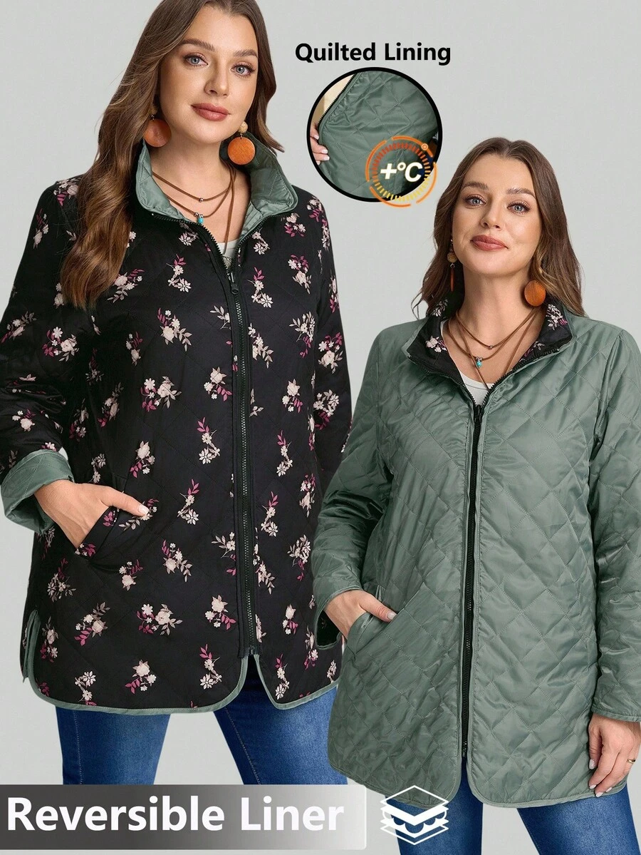 EMERY ROSE Áo khoác mỏng đệm cỡ lớn thường ngày dành cho nữ có khóa kéo cổ, có thể đảo ngược, Thu/Đông - Màu xanh Ô liu - Xem 1