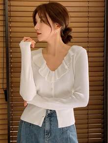 DAZY Französischer süßer V-Ausschnitt Bindegürtel Slim Fit Langarm Rüschensaum Pullover für Frauen im Herbst - Weiss - Übersicht 4