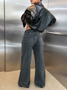 cottnline RueChic Low Waist Wide Leg Special Wash Jeans - Black - View 2