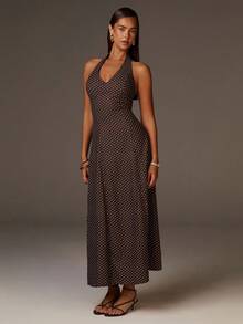 Athîral Women's Polka Dot Print Elegant Maxi Halter Dress,Party Dresses For Women