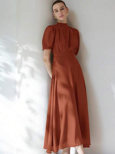 Aveloria Modichic Elegant Women's Chiffon Dress With Pleated Bust Design, Princess Sleeve, Waist Cinched, Flared Skirt, Minimalist & Versatile For Commuting, Knee-Length