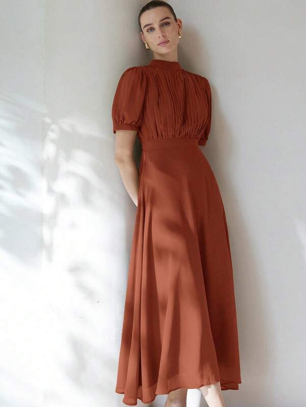 Aveloria Modichic 优雅女士雪纺连衣裙，褶皱胸部设计，公主袖，收腰喇叭裙，简约百搭，通勤适用，及膝长度