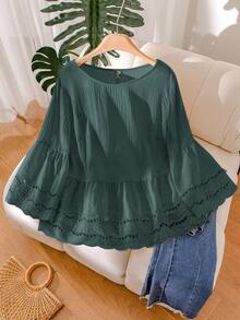 CosyJoli Plus Size Women Casual Apricot Hollow Floral Lace Patchwork Shirt, Suitable For Summer Vacation