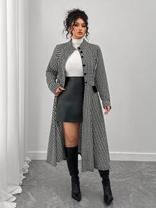 Elenzga Chaqueta de cuello abotonado con estampado de pata de gallo, de corte ajustado y vuelo, talla grande - Blanco y Negro - Ver 4