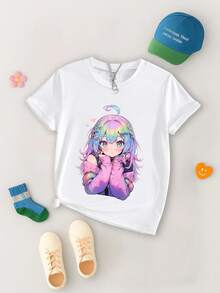 GraphicGems Tween Girl Cartoon Character Print Round Neck Short Sleeve T-Shirt - White - View 2