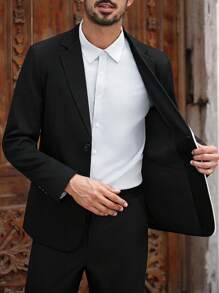 Manfinity Bizformal 男士商务撞色翻领西装外套和裤子套装 - 黑色 - 查看 7