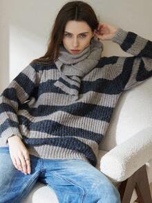 Aveloria Modichic Contrast Stripe V-Neck Pullover Sweater + Soft Loose Scarf, Slimming Casual Sweater Set - Multicolor - View 2
