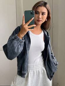 DAZY 秋冬新款宽松休闲做旧洗水女式牛仔夹克和外套 - 藍色 - 查看 8