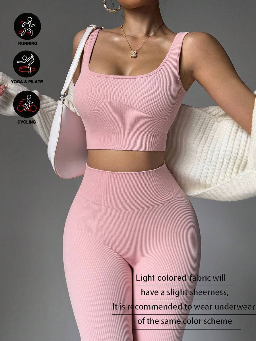 Easithlete Bộ đồ thể thao tập luyện cho nữ gồm 2 áo ba lỗ liền mạch và quần legging Bộ đồ thể thao tập luyện cho nữ Bộ đồ legging cho nữ - Hồng - Xem 1