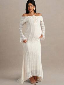 MaterniChic Autumn And Winter Maternity Off-Shoulder Long Sleeve Flare Sleeve Lace Patchwork Fitted Dress Maternity Photoshoot Dress Maternity White Lace Dress Pregnancy Dress White Maternity Gown Off Shoulder Maternity Dress - Apricot - View 4