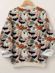 EMERY ROSE Plus Size Halloween Ghost, Pumpkin & Bat Print Raglan Long Sleeve Sweatshirt Pullover Fall Winter Autumn - Multicolor - View 2