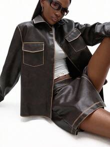 Aveloria GENKIRA 2pcs Brown Distressed Washed PU Leather Suit: Classic Collared Top With Symmetrical Chest Pockets & Asymmetric Hem Mini Skirt Fall Cloth For Women - Brown - View 5