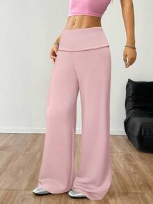 SHEIN EZwear 女士浅粉色宽腰宽松休闲裤 - 淺粉色 - 查看 4