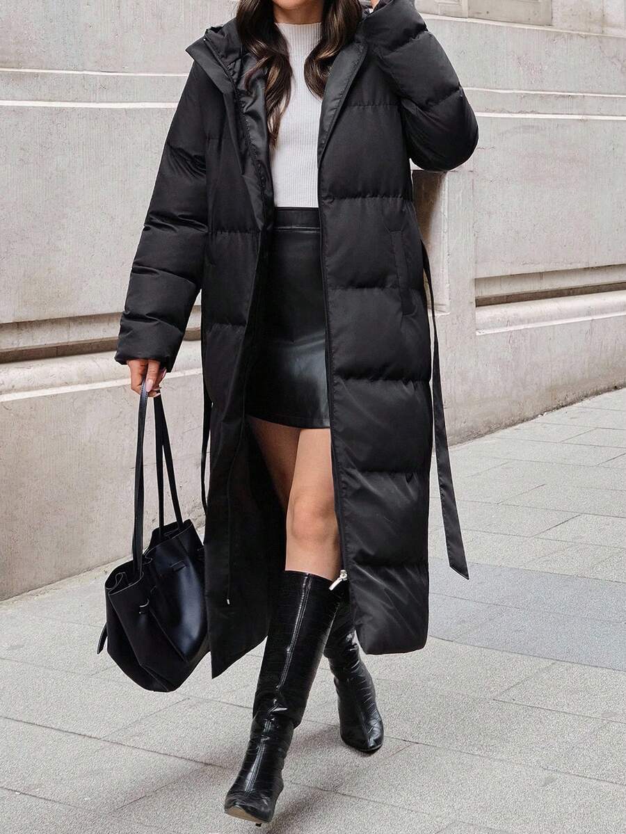 SHEIN Tall Women Padded Jacket With Side Belted Waist And Pockets, For Winter - Black - View 1