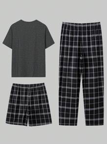3 件男士宽松短袖上衣、短裤和长裤睡衣套装 - 深灰色 - 查看 2