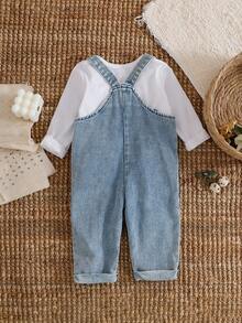 SHEIN Vintaside Kids 2 件装女婴 2025 春秋白色长袖 T 恤 + 牛仔背带裤休闲时尚服装，百搭 - 白色 - 查看 2