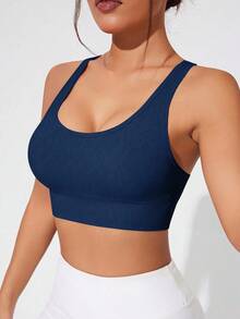SHEIN Core Rhythm 女士无缝运动文胸，带可拆卸肩带 - 藏蓝色 - 查看 4