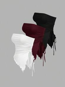 SHEIN MOD 多件式紧身胸衣上衣，侧边系腰褶，复古印花抹胸，秋季上衣，外出上衣，棕色背心 - 酒紅色 - 查看 14