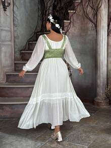 Flirla 大码女式复古腰部收腰中长连衣裙，中世纪/维多利亚风格 - 杏色 - 查看 3