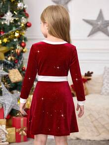 SHEIN Kleine Mädchen Kleid - eine Kombination aus retro, süß, modisch und elegant. Ein glänzendes paillettenverziertes Samtkleid mit kontrastierenden Farbflächen und langen Ärmeln, mit funkelnden herzförmigen Pailletten. Ein lässiges, simples und elegantes Kleid, geeignet für die Hochzeitssaison, damenhaft für Jungen, Herbst- und Winterstil, geeignet für Weihnachten, Partys, den Alltag, Geburtstagskleider, Prinzessinnenoutfits, Schwester-Schwester-Matching-Styles. - Rot - Übersicht 10