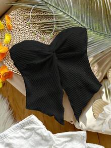 SHEIN Tween Girl Twist Front Ruched Crop Cami Top, Casual Beach Vacation Wear