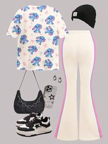 SHEIN Leap Crew 2pcs Tween Girls Casual Loose Fit Short Sleeve Round Neck T-Shirt And Flare Pants Set, Featuring Cream White, Cute Cartoon Blue Rabbit Lulu, Stitch Pattern, Pink Contrast Trim, Suitable For Autumn