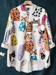 EMERY ROSE Damen Große Größen Lässiges Lose Tier Muster Kragen Tasche Hemd
