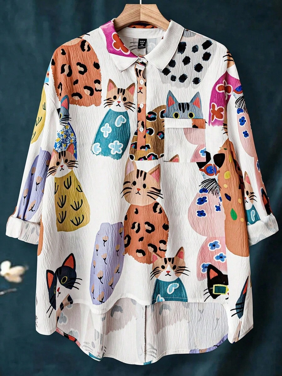 EMERY ROSE Damen Große Größen Lässiges Lose Tier Muster Kragen Tasche Hemd