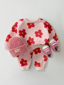 SHEIN Playful Pals 2 件套女婴休闲时尚可爱甜美花卉全印花粉色圆领运动衫和运动裤套装，秋冬 - 彩色 - 查看 1